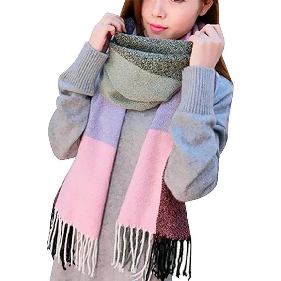 Accessories - Women's purple Pink Lattic Scarf Fashion Long Plaid Shawls Wraps Big Grid Winter